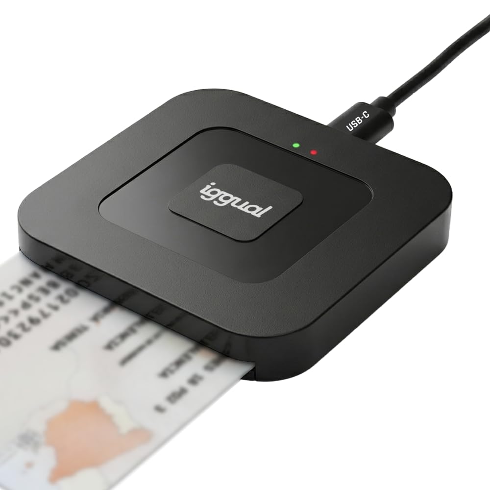 Iggual Lector DNI Electrónico y Tarjetas Inteligentes - Conexión Entrada Tipo C - Admite Cables de Salida USB-A y USB-C - Compatible DNIe 4.0 - Velocidad de Lectura 420 kbps - Windows, macOS y Linux