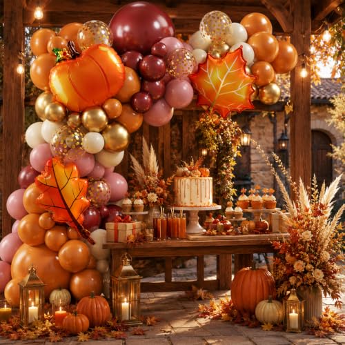 Image of Thanksgiving Fall Balloon Arch Garland Kit, Orange Balloon Arch with Leaf Foil Ballon Dusty Pink Burgundy Burnt Orange Baloon for Autumn Birthday Hello Fall Shower Party Decorations