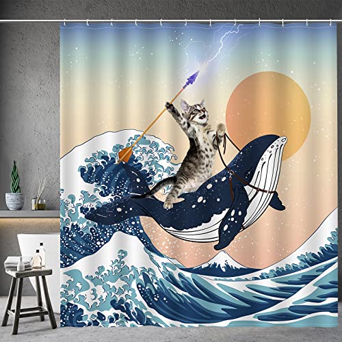 Aimego Funny Shower Curtain Brave Cat Holding Trident Riding Whale in Ocean Wave Shark Cat Shower Curtain Set with 12 Hooks for Bathroom Decor Accessories Bathtub Curtain 72x72