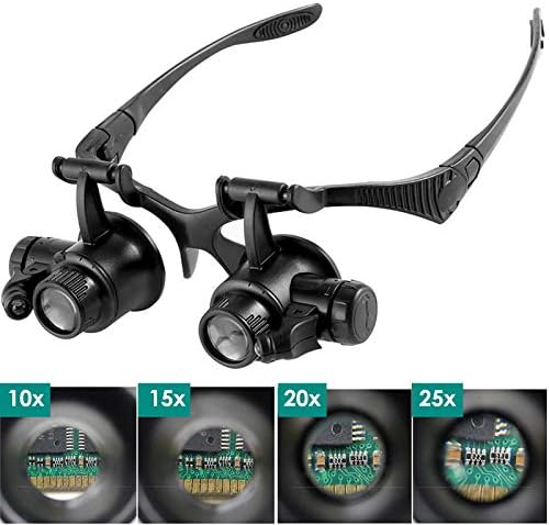 YOPOTIKA Headband Magnifier Glass with Light,Jewelry Watch Repair Magnifier with 2 LED Light and 10X, 15X, 20X, 25X replaceable lens,for Reading,Electronic Repair Head Mount Magnifier Glasses