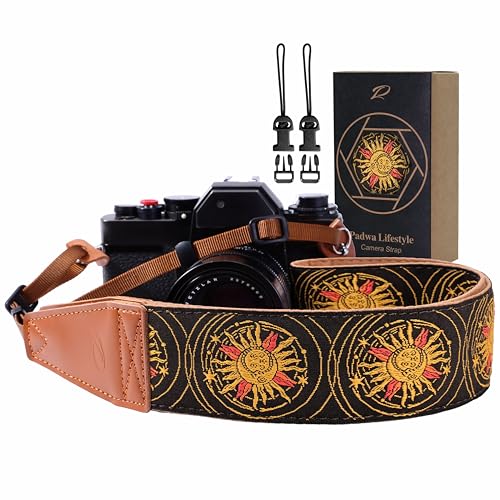 Image of Padwa Lifestyle Yellow Sun God Camera Strap - 2 inch Full Grain Leather Ends Camera Straps for Photographers, Vintage Embroidered Cotton Soft Suede Fabric Padded Strap Quick Release fits All Cameras