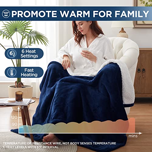 Westinghouse Heated Throw Blanket, Electric Blanket Throw with 6 Heating Levels and 2-10 Hours Time Settings, Flannel to Sherpa Super Cozy Heated Blanket Machine Washable, 50x60 inch, Navy