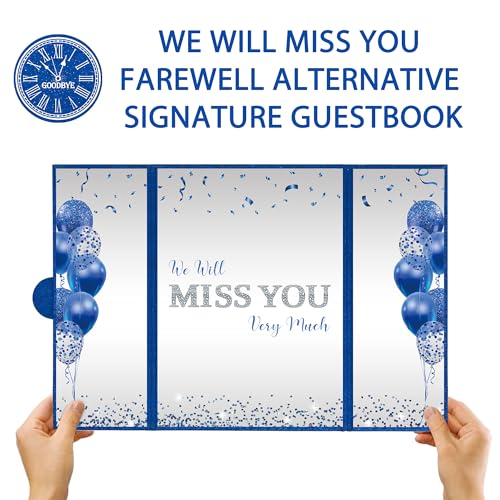 Image of DARUNAXY Blue Silver Farewell Party Decorations, We Will Miss You Very Much Alternative Signature Guest Book for Men Women Going Away Gifts Signing Card Board for Retirement Graduation Party Supplies