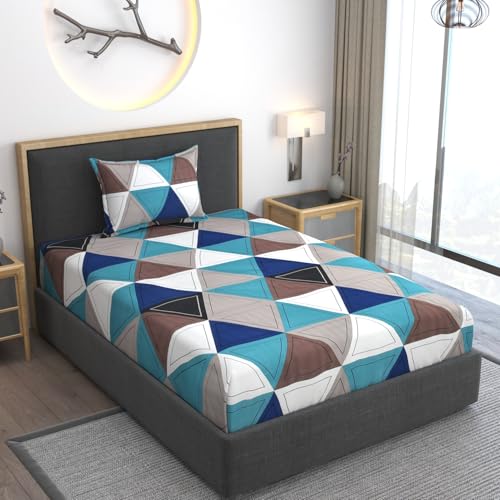 Image of 350 TC Cotton Feel Glace Cotton All Around Elastic Fitted Bedsheets Single Size Premium Super Soft Fitted Bedsheet Single Size with 1 Pillow Cover Fits Up to 6 to 8 Inches, 78 x 48, Color Aqua