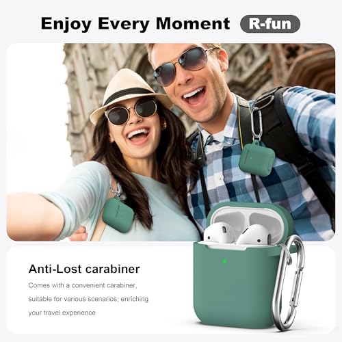 Image of AirPods Case Cover with Keychain, R-fun Full Protective Silicone AirPods Accessories Skin Cover for Women Girl with Apple AirPods Wireless Charging Case,Front LED Visible-Pine Green