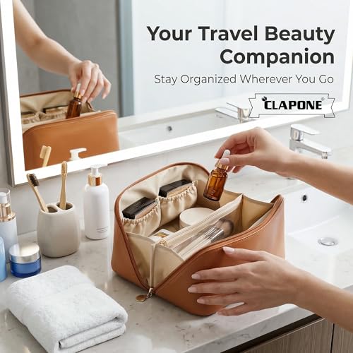 Image of Cosmetic Bag for Women, PU Leather Makeup Pouch, Large Capacity Travel Makeup Organizer with Divider & Handle, Waterproof Portable Vanity Storage Bag for Toiletries (Brown)