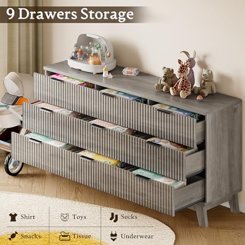 Image of BORNOON 63 inch Long Dresser for Bedroom, 9-Drawer Fluted Dresser, Extra-Wide Wood Chest of Drawers with Smooth Metal Slides, Stable Base, Modern Clothes Storage Cabinet for Living Room, Hallway, Nursery