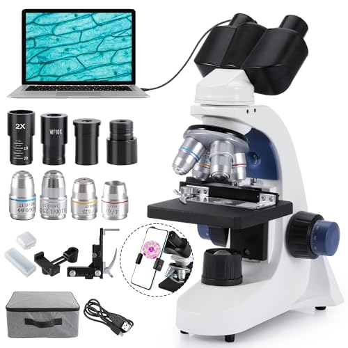 Microscopio binocular compuesto para estudiantes adultos, microscopios binoculares de laboratorio 40X-2500X con cámara ocular USB de 1.3 MP, objetivos de inmersión en aceite 100X y conjunto de diapositivas de microscopio para escuela de laboratorio