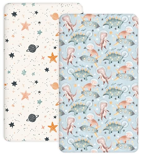 Image of Crib Sheets for Boys and Girls, 2 Pack Fitted Baby Sheets for Standard Toddler Mattress 28 inch x 52 inch, Soft Breathable Jersey Knit Baby Bedding (Cosmic Dinos)