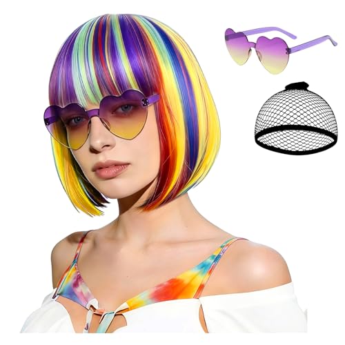 Colored Bob Wig Straight Hair with Heart Sunglasses Hair Cap Short Rainbow Wig with Flat Bangs for Women Daily Bachelorette Halloween Costume Party Decorations Realistic (Yellow Purple Red)