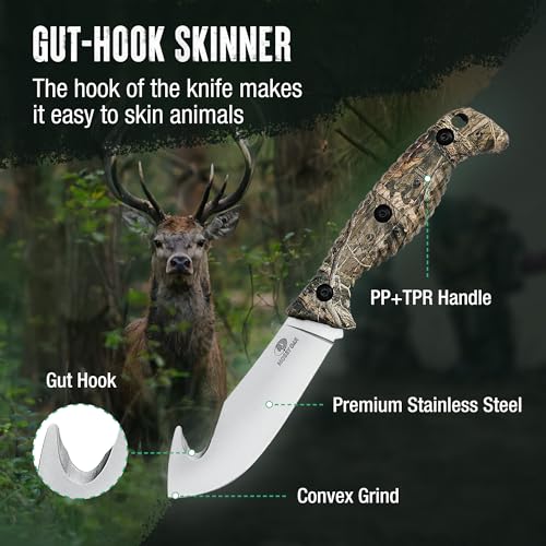 Mossy Oak Field Dressing Kit, 4 Pcs Camouflage Hunting Knife Set with Sheath, Gut-Hook Skinner, Caping Knife, Wood/Bone Saw, Knife Sharpener, for Deer Hunting, Camping, Perfect Hunting Gifts for Men