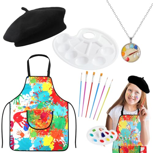 XEPST 4PCS Costume d'Artiste pour Filles Garçons - Enfants Accessoires de Costume d'Artiste Ensemble avec Tabliers pour Enfants Chapeau d'Artiste pour Halloween Costume de Jour de Carrière Carnaval