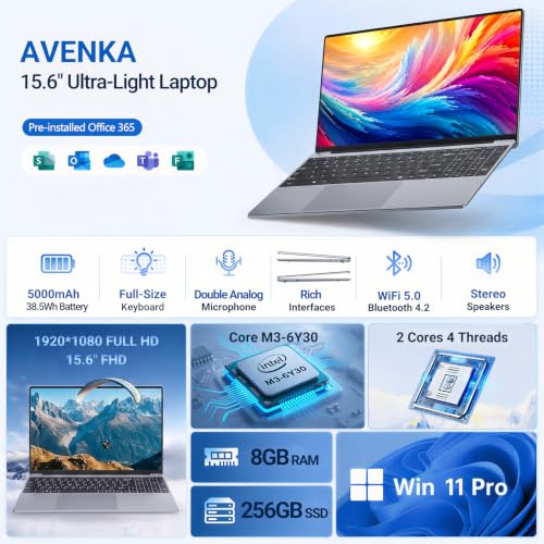 Image of Laptop, 15.6 inch Laptop Computer, Lap top with 1080P FHD Display, Core M3 up to 2.2GHz, UHD Graphics, 8GB RAM 256GB SSD, 180 Open, Win 11 Pro /Office, Mini HDMI, Thin & Light Silver Notebook PC