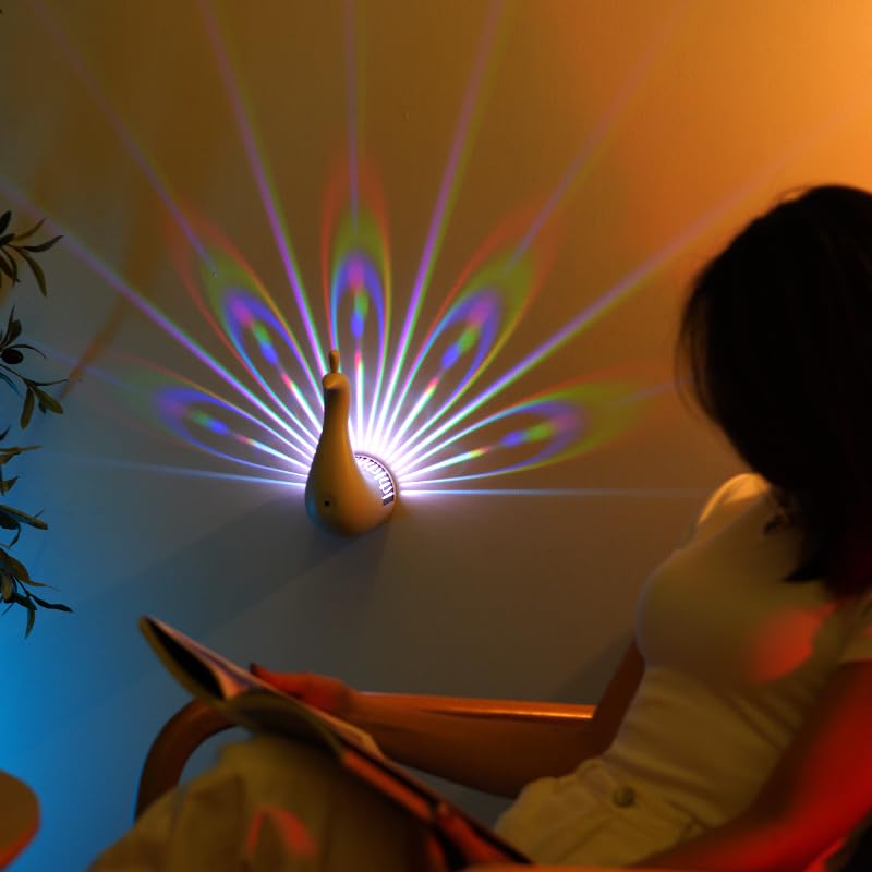 Image of KYWYOYOU Peacock Lamp, Peacock Wall Light, 7 Color Ambient Peacock Light with Remote Control, USB Rechargeable Peacock Night Light for Home Decoration(White)