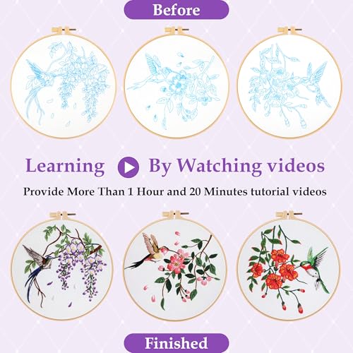 Image of Embroidery Kit for Beginners,3 Pack Hummingbird and Flower Cross Stitch Kits for Adults,Needlepoint kit with Stamped Patterns,Hoop,Threads for Craft Lover,Hand Stitch with Embroidery Skill Techniques