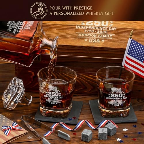 Image of Personalized 250th Anniversary Classic Whiskey Decanter Set - USA 250 Independence Gift for Men, Custom Engraved Family Name or Text,Decanter & 2 Whiskey Glasses, 9 Chilling Stones in Wooden Gift Box