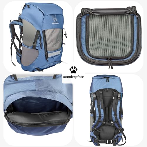 Wanderpfote Trekking Hunderucksack bis 12kg zum Wandern - Größe M, Farbe Blau - Premium Rucksack mit Höhenverstellbarem Tragesystem und Stauraum für Gepäck