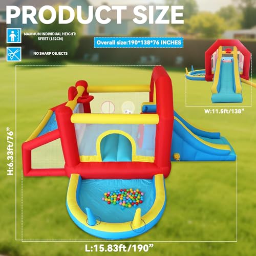 9 in 1 Inflatable Bounce House Kid Trampoline with Tall Slide, Ball Pit Pool, Skill Soccer, Throwing Sandbags Game, for Home Party or Outdoor Ages 3-10 with 520W Blower 190"x138"x76" - Image 3