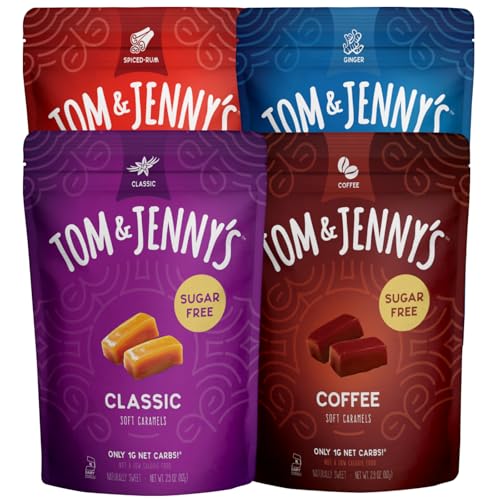 Tom & Jenny's Sugar Free Candy (Soft Caramel) with Sea Salt and Vanilla - Low Net Carb Keto Candy - with Allulose and Maltitol - (Flavor Variety Pack, 4-pack)