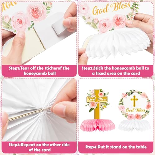 Image of ANGOLIO 12Pcs Floral God Bless Decorations First Communion Honeycomb Centerpiece Double Sided Table Toppers for Baby Girl Baptism Party Decor Christening Celebration Religious Photo Props Decor Girls