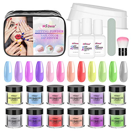 MS.DEAR Nail Dip Powder Nail Kit Powder Dip Nail Kit Nail Dipping Powder Kit Starter 12 Colors for Nail Manicure Nail Art Professional Starter Kit with Base & Top Coat, Activator