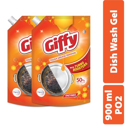 Image of Giffy Liquid Dishwash Gel 900ml (Pack of 2) | Enzymes | 50% More Effective | Tough Grease Removal Expert | Turbo Boosters | Mild fragrance | Removes Tough Malodour | Hand-Safe
