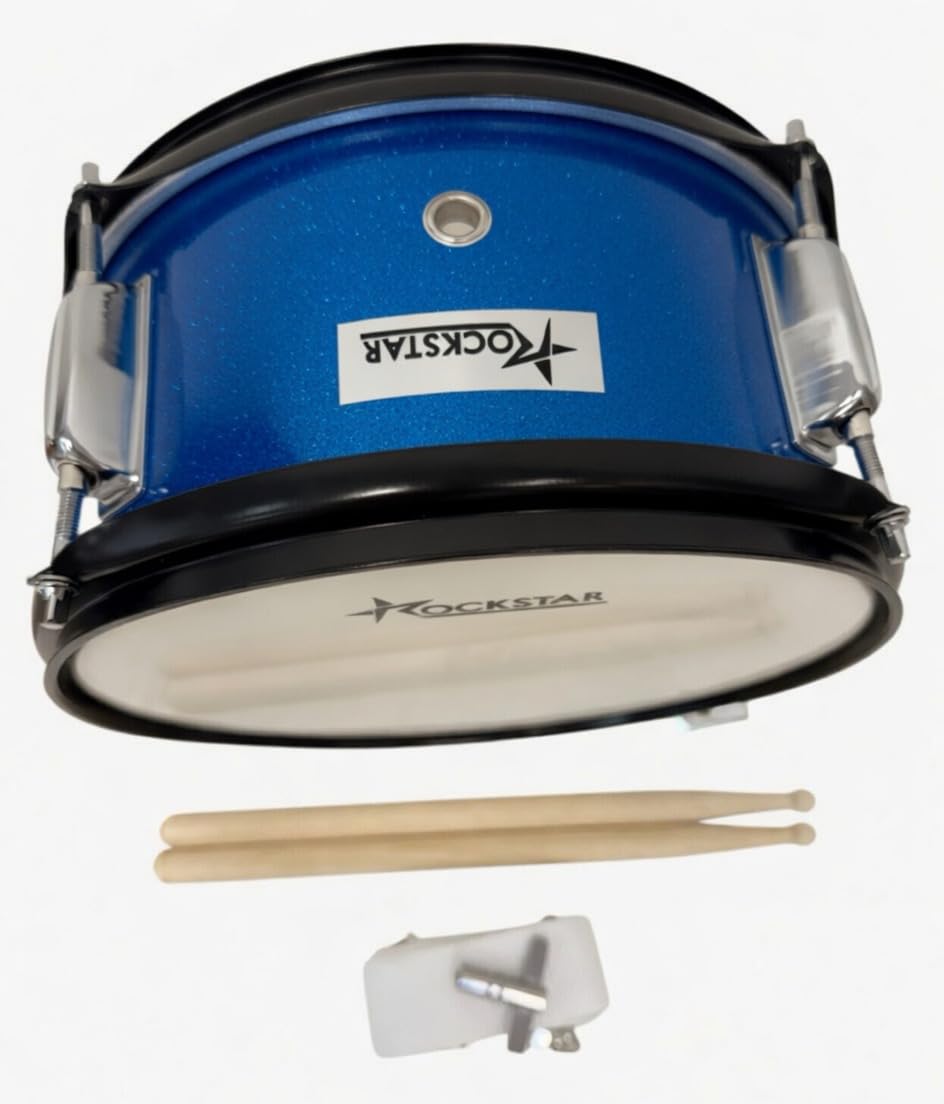 ROCKSTAR - Tambor de Madera Afinable SMS-1205BL 12" x 5" (30,5 x 12,7 cm) Caja de Marcha, Instrumento de Percusión con Bordón Ajustable, Correa y Baquetas Incluidas. Azul metalizado.