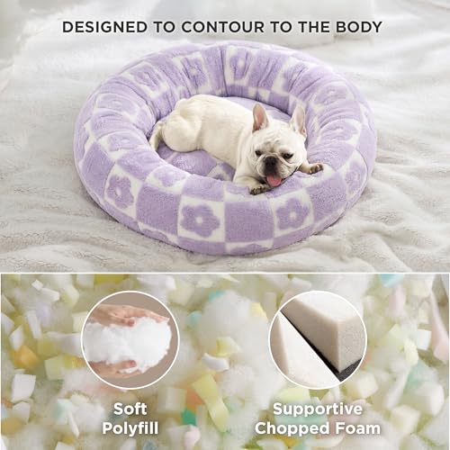 Image of LE SURE Shown on TV Donut Dog Bed Medium - Round Cat Beds Indoor as Bed Gift for Calming with Washable Cover, Cute Home Decor Bed with Jacquard Shaggy Plush & Anti Slip Bottom, 30 Inch, Flower Checks