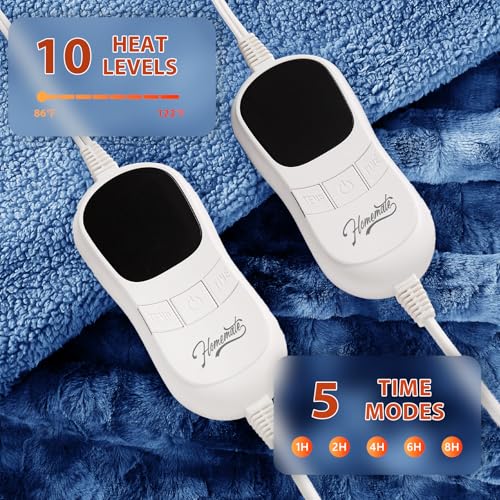 Image of Homemate Electric Heated Blanket Queen Size - 84 inchx90 inch Heating Blanket Queen Size Dual Control 1 /2 /4 /6 /8 Hours Auto-Off 10 Heat Level Over-Heat Protection Luxury Faux Fur Sherpa ETL Certification