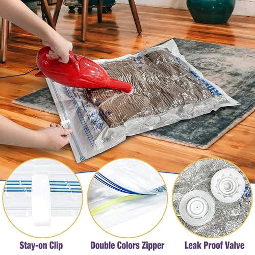 Image of HIBAG Vacuum Storage Bags, 10-Pack Vacuum Seal Bags for Clothing Clothes, Space Saver Bags (2 Jumbo, 2 Large, 2 Medium, 2 Small, 2 Roll-up) with Pump (10-Combo) | Various Size, Airtight Triple Seal, Save 80% Space, Hand Pump, Work with Vacuum, Double Zip, Reusable, Easy to Use