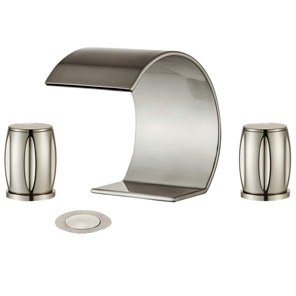 Brushed Nickel Widespread Waterfall Bathroom Sink Faucet,Two Handle Three Hole Brass Lavatory Vanity Faucet,8-16 Inch Basin Mixer Tap with Pop Up Drain Assembly