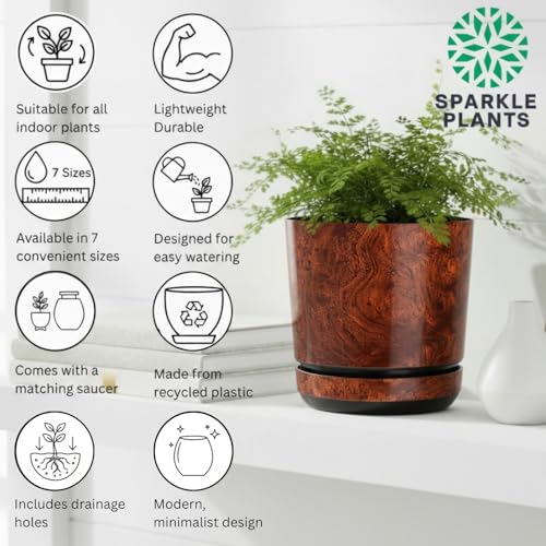 KORAD Wood Effect Indoor Plant Pots with Saucer and Drainage Holes, Round, Modern and Decorative Flowerpot for All Houseplants, 6 sizes, 25 colours(18 cm - 7 inches)