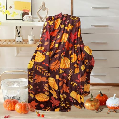 Manta de lanzamiento otoñal de 50x60 pulg con hojas de arce y calabaza, de franela suave rojo marrón, cálida y acogedora para sofá y decoración de otoño miniatura 3