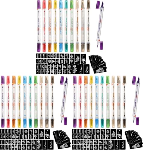 Image of HAWINK Temporary Tattoo Markers for Skin, 10 Body Markers + 56 Large Tattoo Stencils, Dual-End Tattoo Pens Make Bold and Fine Lines ZYH2208001KIT (Pack of 3)