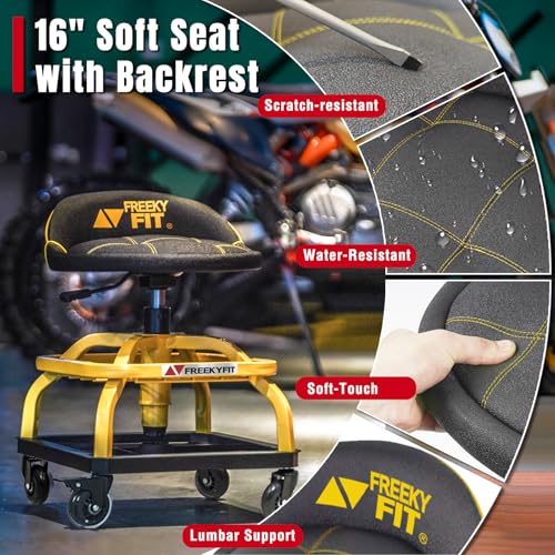 Image of Rolling Shop Stool with Wheels, Garage Work Mechanic Stool with Backrest, Roller Mechanic Chair, Adjustable Height, 360 Swivel, Tool Tray Storage, 330 LBS Capacity, Heavy Duty, Yellow