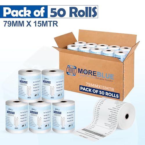 Image of MOREBLUE Pack of 500 Thermal Paper Rolls, 79mm x 15m POS White Paper Rolls, Smooth Print Billing Paper for Credit Card Machine, POS Printer, Petrol Pump Billing