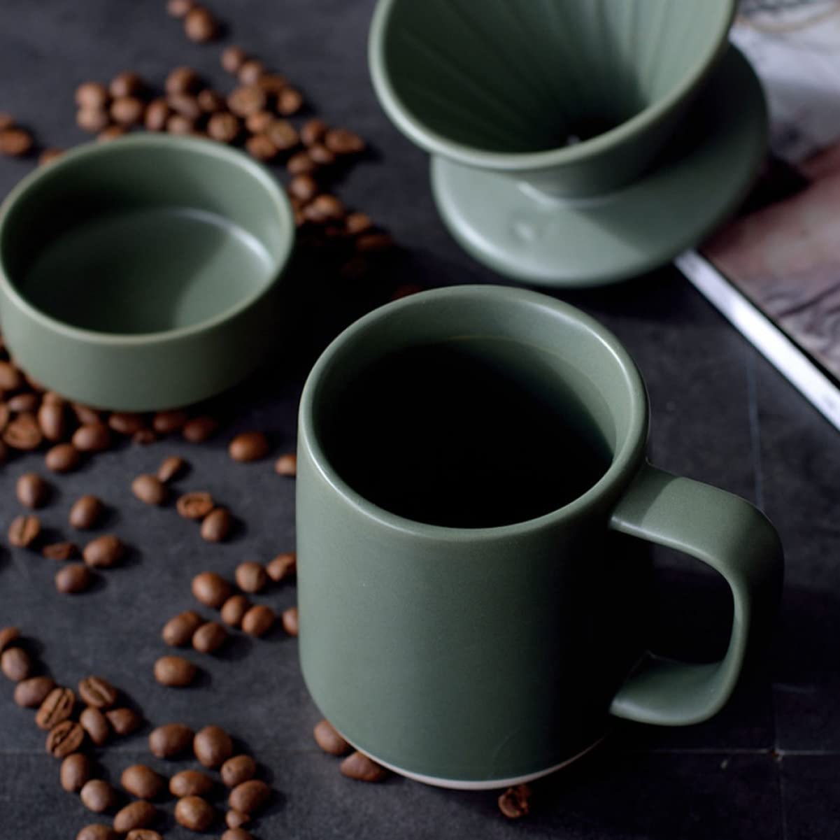 Taza de Filtro de Café de Cerámica Verde para Preparación Manual | Diseño Asa, 1 Juego, Detalles Delicados y Uso Práctico, Acabado Ligero Filtrado Fino
