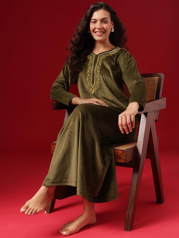 Image of Clovia Women's Velour Long Nighty - Green