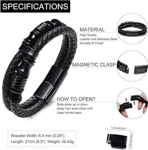 Braided Leather Bracelet for Men Black Stainless Steel and Leather Wristband Mens Bracelet Gift Set for Husband Brother Durable Mens Leather Wristband Jewelry for Birthdays Christmas - Image 4