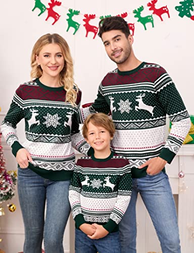 Image of MISSKY Family Christmas Sweater Crew Neck Reindeer Snowflakes Knitted Pullover for Women /Men /Kids