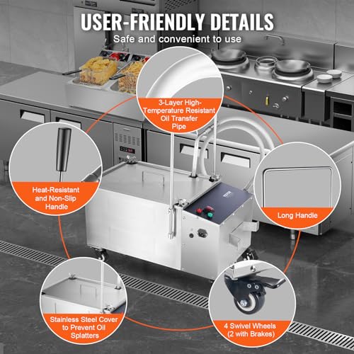 Image of VEVOR Mobile Fryer Filter, 80 LBS /38 L /10.56 Gal Capacity, 300W Oil Filtration System with 5 L /min Flow Rate, Mobile Frying Oil Filtering System with 10 L /min Pump & Oil Hose, 110V /60Hz