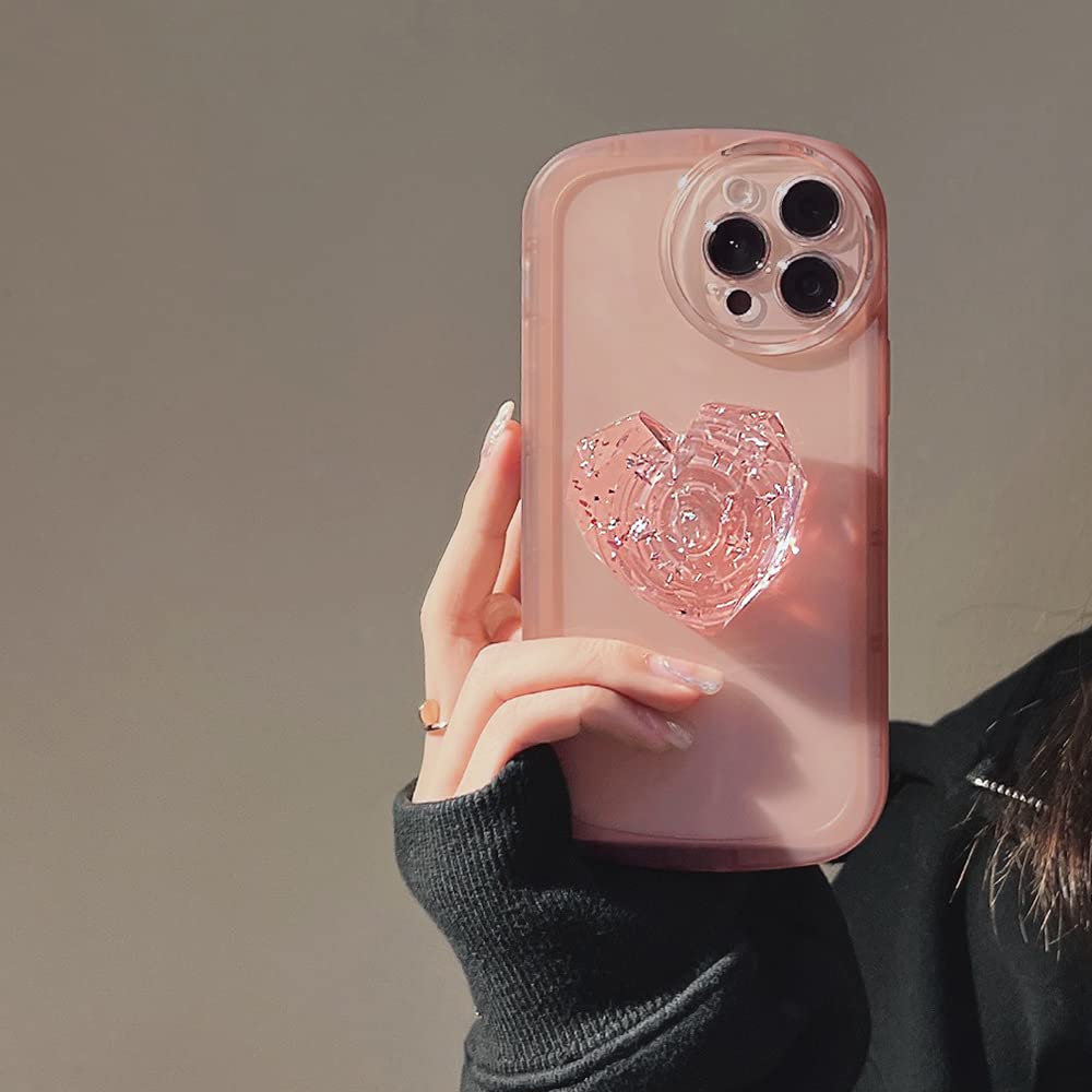 PRISMXI Bollywood divas And Infulencer style Crystal Heart Love Easy Pop Up Holder Stand Kickstand, Luxury craving on popup heart soft TPU Bumper Protective Case for IPHONE 14 pro MAX Girls Womens-Divine pink