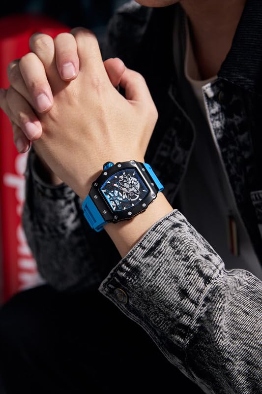 Image of Giordano Analog Skeleton Dial Watch for Men - Tonneau Case, Silicone Strap, Open-Gear Sport Design, Quartz Movement