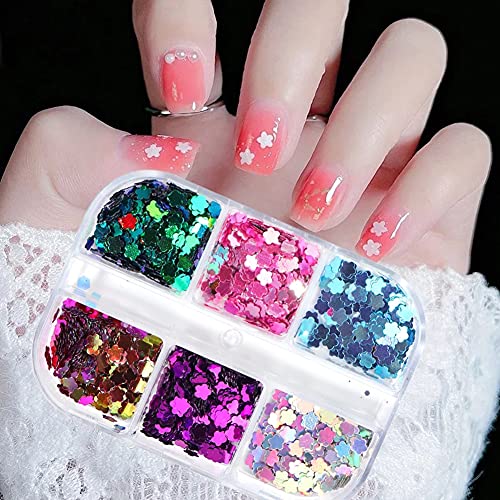 Flower Nail Glitter Sequins 3D Flowers Nails Art Supplies Holographic Shiny Acrylic Nails Supply Cherry Blossoms Colorful Designs Nail Stickers Flakes Floral Manicure Charms Decorations 6 Colors