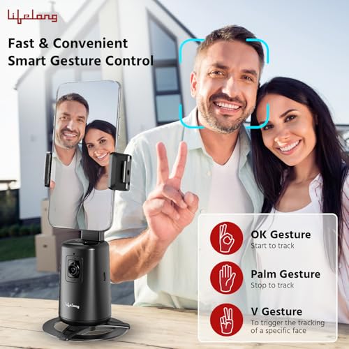 Image of Lifelong Rechargeable AI Auto Face Tracking Tripod Phone Holder | 360 Rotation | Mobile Stand with Camera for Video Recording & Shooting | No App Needed | Gimbal with Light, Remote & Gesture Control