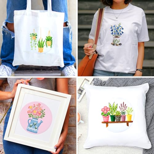Image of BEUNITONE 4 Set Embroidery Kit for Beginners, Vase Plants Cross Stitch Kits, Needlepoint Kits for Adults with Instructions and Full Kit, Creative Hand Embroidery Patterns for Cloth and Home Decor