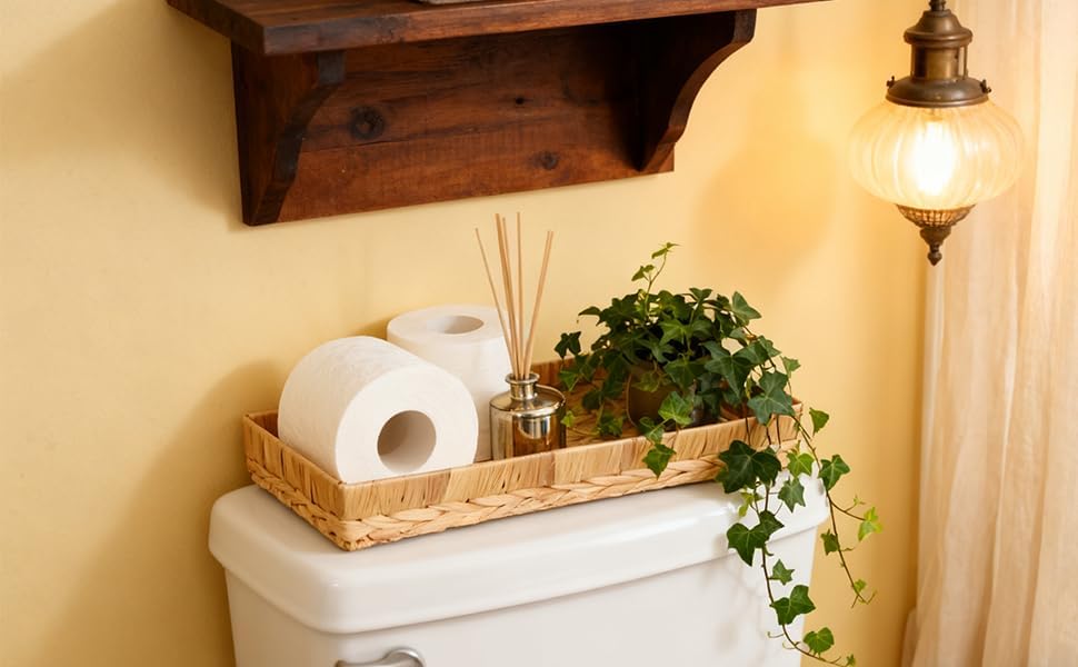 Rectangle Bathroom Tray, 16" Bathroom Over Toilet Tank, Water Hyacinth Wicker Basket for Bathroom Counter Long Narrow Hand Towel Storage Basket for Home Decor, Rattan Yellow - Image 2