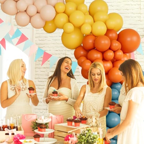 Image of HILAVO Retro Blue Yellow and Orange Balloons, 60PCS 12 Inch Slate Blue Burnt Orange Mustard Yellow Balloons for Here Comes the Son Baby Shower Kids Birthday Party Boho Party Decorations