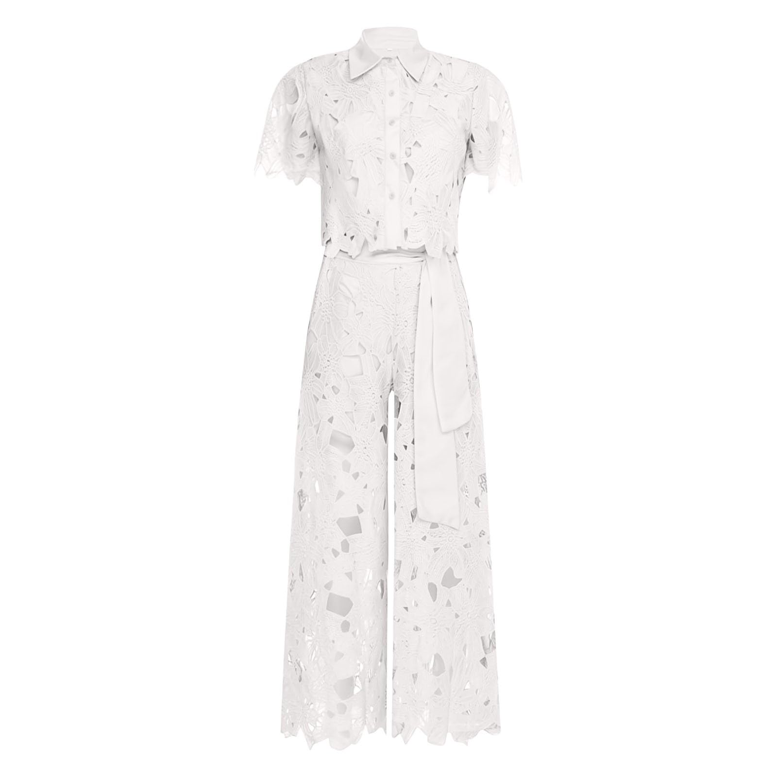 Générique Ensemble Femme Chic et Elegant 2 Pieces Chic et Elegant Été Deux Pièces Survetement Manches Courtes Pizzo Haut et Pantalon Ensemble Ampio Outfit Set Léger Décontracté De Plage
