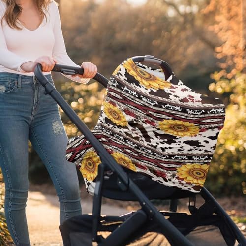 Image of Binienty Sunflower Geometric Stretchy Car Seat Cover Canopies for Babies, Brown Cow Print Multi Use Shopping Cart /High Chair /Breastfeeding Cover